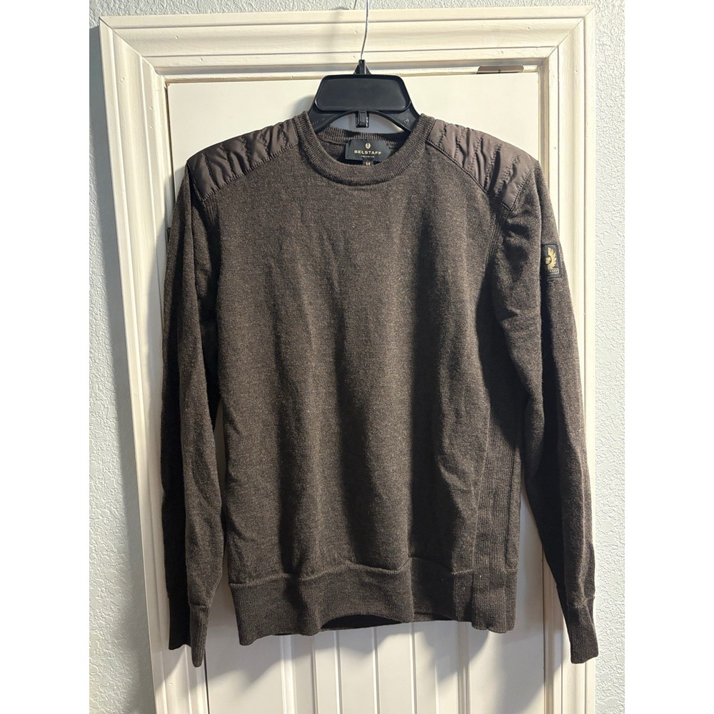 Belstaff Sweater Mens Medium Brown Wool Quilted Shoulder Moto Made in Italy M